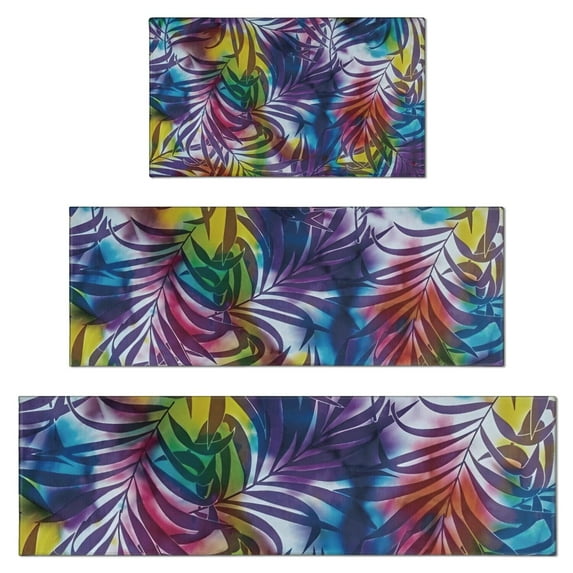 Colorful Tropical Leaf Pattern Kitchen Rugs Sets Of 3,Kitchen Runner Rugs Non Skid Washable,Decorative Kitchen Floor Mats for Kitchen,Sink,Laundry,17"x30"+ 17"x47" + 17"x59"