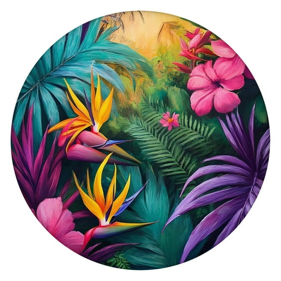 Colorful Tropical Leaf Pattern Round Fitted Tablecloth with Elastic Edge,Dining Table Cover Waterproof,Outdoor Round Tablecloth for Camping,Dining,Indoor and Outdoor