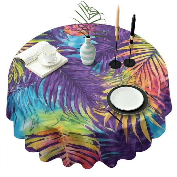 Colorful Tropical Leaf Pattern Round Tablecloth 60"x60",Wrinkle Wipeable Table Cloth for Kitchen Dining Room Picnic Patio Party