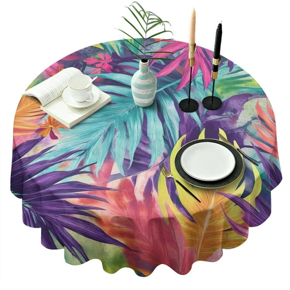 Colorful Tropical Leaf Pattern Round Tablecloth 60"x60",Wrinkle Wipeable Table Cloth for Kitchen Dining Room Picnic Patio Party