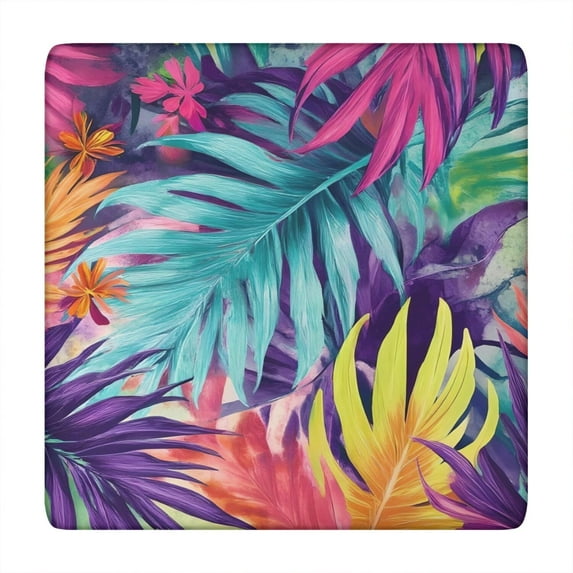 Colorful Tropical Leaf Pattern Square Fitted Tablecloth with Elastic Edge,Square Table Cover,Washable Elastic Table Cover for Home Kitchen Party Decor 34"x34"