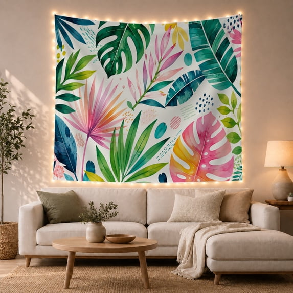 Colorful Tropical Leaves on White Background, Energetic Watercolor for Plant Lovers, Botanical Wall Art, Housewarming Gift, Tapestry Wall Hanging for Bedroom and Dorm