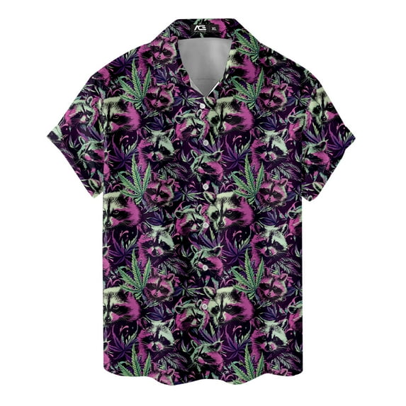 Colorful Tropical Marijuana Raccoon Hawaiian Shirt For Men Summer Mens Hawaiian Shirts Short Sleeve Button Down Shirt Men