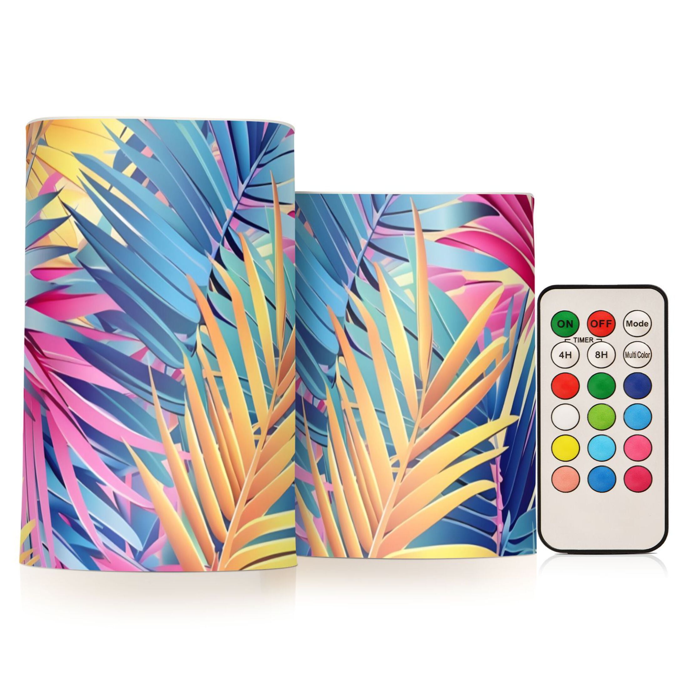 Colorful Tropical Palm Leaves Flickering Flameless LED Candles set of 2 Battery Operated 18-Key Remotes Timer Halloween Fall Decor D3''xH4''5''