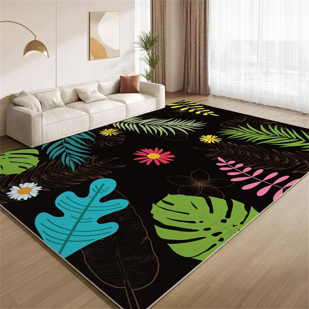 Colorful Tropical Plants Rug 4x5ft Area Rugs Black Gold Multicolor Rugs ...