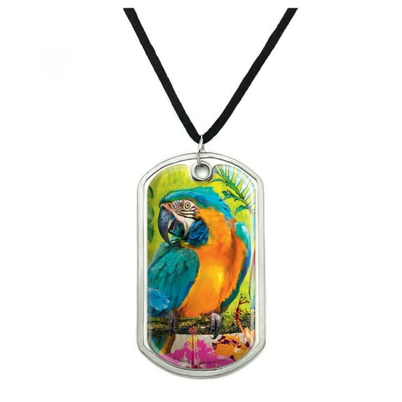 Colorful Tropical Rainforest Parrots Military Dog Tag Pendant Necklace with Cord