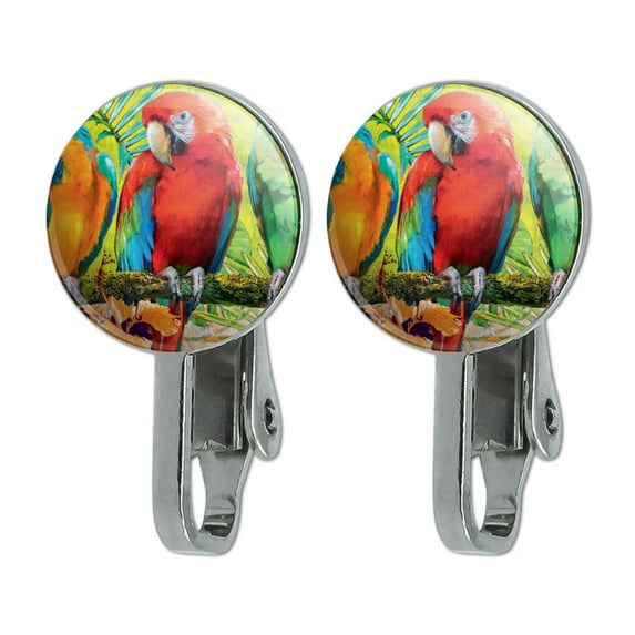 Colorful Tropical Rainforest Parrots Novelty Clip-On Stud Earrings