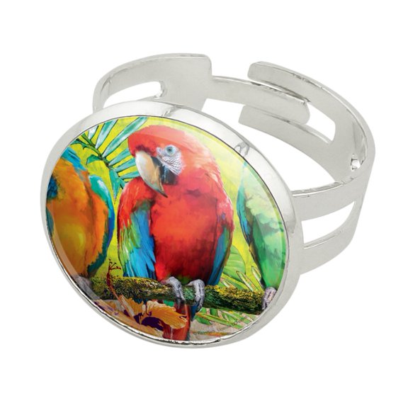 Colorful Tropical Rainforest Parrots Silver Plated Adjustable Novelty Ring
