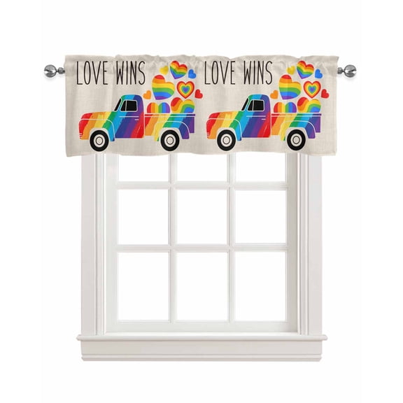 Colorful Truck Linen Curtain Valance for Bedroom/Bathroom/Kitchen/Office/Living/Dining Room Window,Abstract Rustic Rainbow Love Heart Pocket Topper Drapes Decorative Cafe Drapery Panel 42"x12"