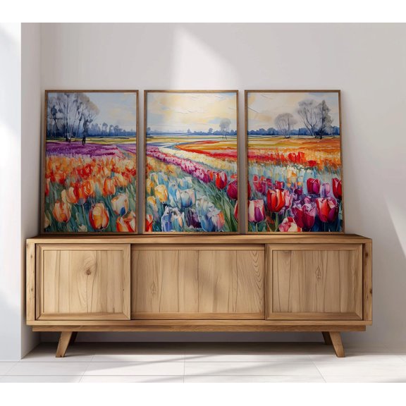 Colorful Tulip Field Wall Prints Set of 3, Springtime Nature Wall Art