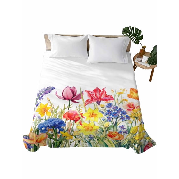 Colorful Tulip Flat Sheet Only Twin Size, Soft Breathable Bed Top Sheets for Mattress, Spring Floral Watercolor Botanical Luxury Bedding Flat Sheets for Home Hotel Bedroom Bed Protection
