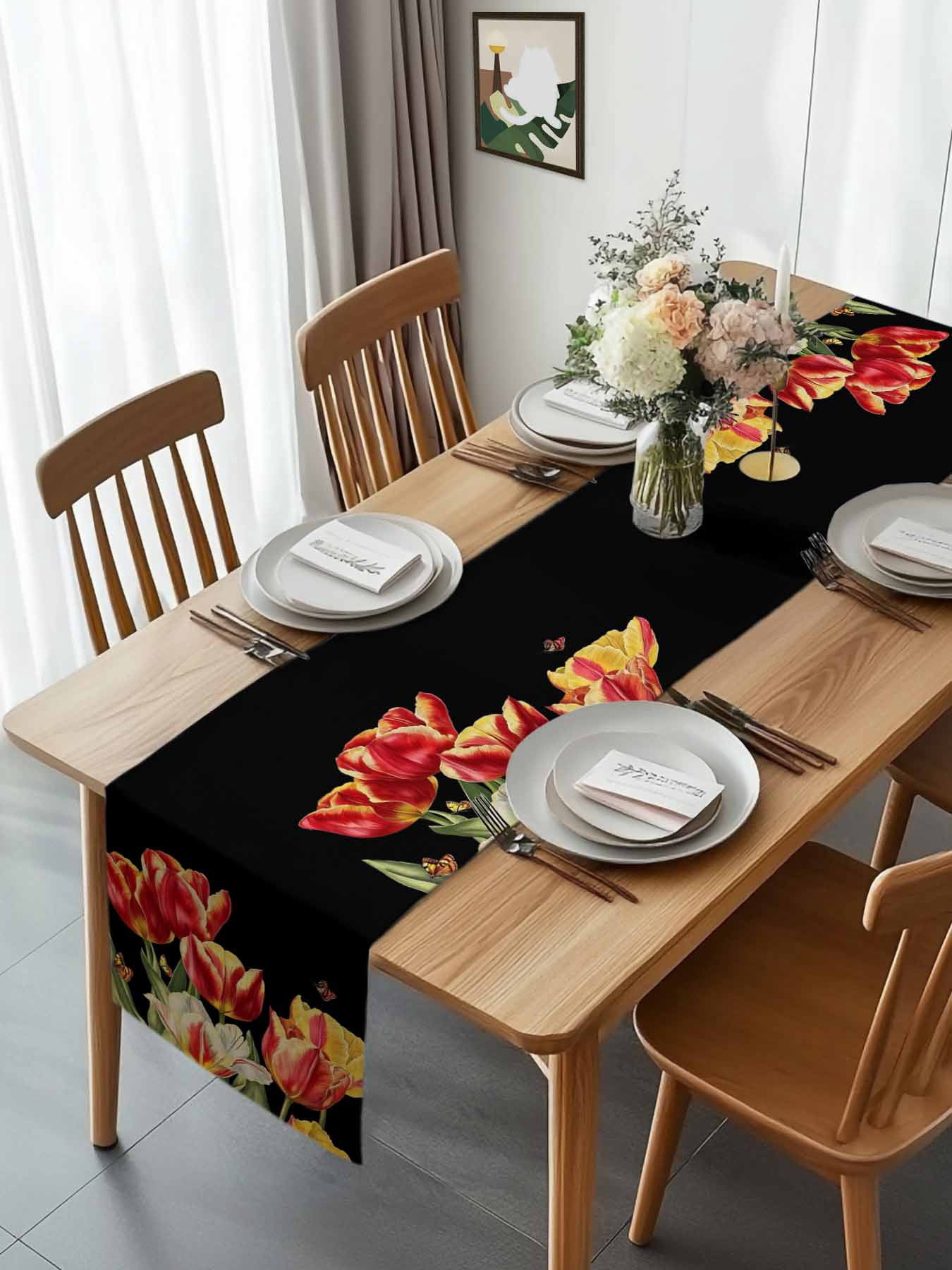 Colorful Tulip Flower on Black Table Runner 90 Inches Long, Watercolor Floral Butterfly Table Runners Tabletop Scarf Kitchen Dining Tables Decoration for Home Party Indoor Outdoor