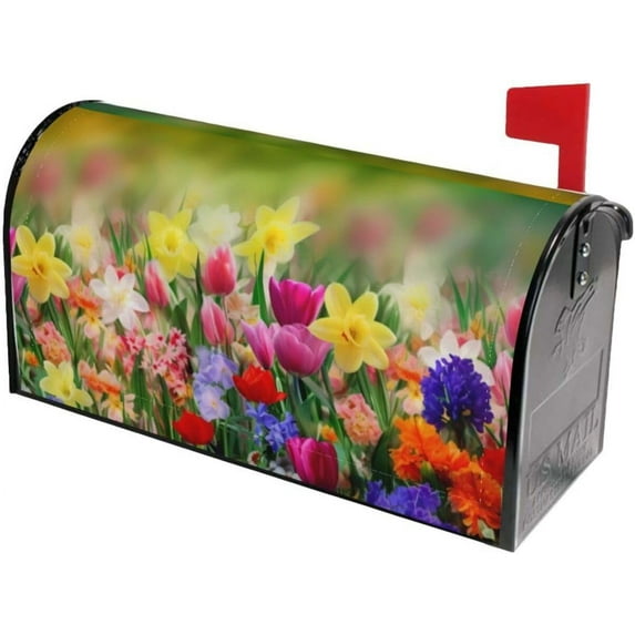 Colorful Tulip Flowers Mailbox Covers, Spring Floral Magnetic Post Box Cover Wraps Standard Size 21x18 in for Garden Yard Decor