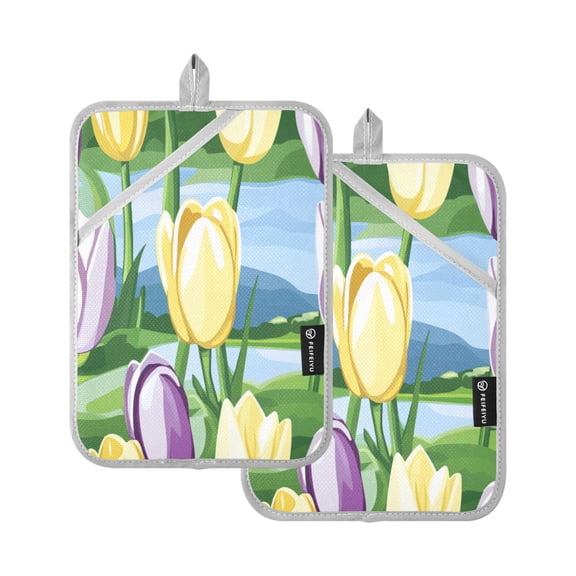 Colorful Tulip Garden 7x9.8in Pot Holder Set Heat-Resistant Oven Hot Pads Durable with Storage Loop