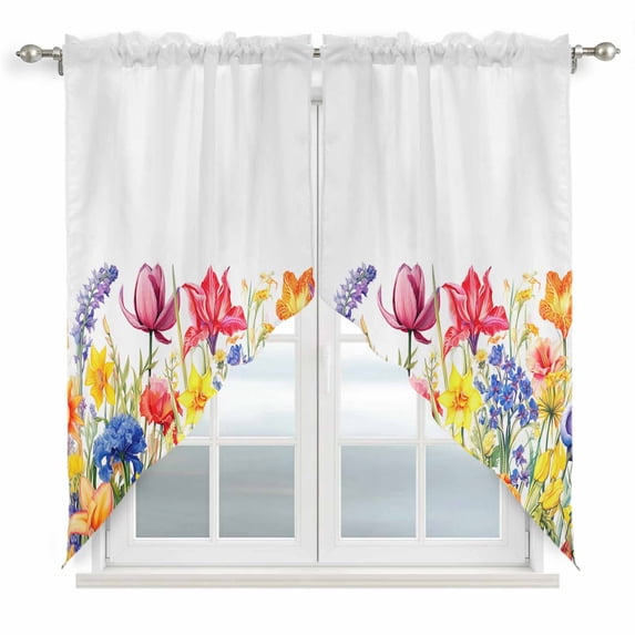 Colorful Tulip Kitchen Window Curtains, Swag Curtains Valance for Bedroom Living Room Bathroom, Spring Floral Watercolor Botanical Rod Pocket Window Treatment Curtain Block Drapes 2 Panels 36"x45"