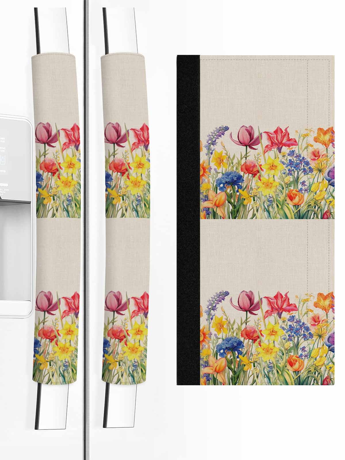 Colorful Tulip Refrigerator Door Handle Covers Set of 2, Spring Floral Watercolor Botanical Rustic Kitchen Fridge Microwave Oven Dishwasher Stove Cabinet Handle Protectors, Washable Appliance Decor