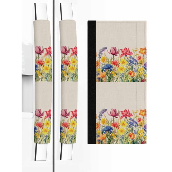 Colorful Tulip Refrigerator Door Handle Covers Set of 2, Spring Floral Watercolor Botanical Rustic Kitchen Fridge Microwave Oven Dishwasher Stove Cabinet Handle Protectors, Washable Appliance Decor