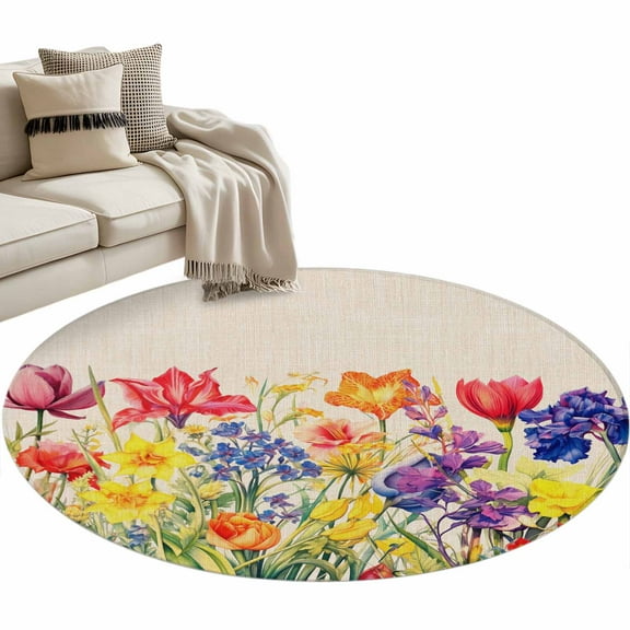 Colorful Tulip Round Area Rug 4 FT, Non Slip Indoor Outdoor Rug, Spring Floral Watercolor Botanical Rustic Washable Soft Circular Carpet Non-Shedding Floor Mat for Coffee Table Nursery Foyer Balcony