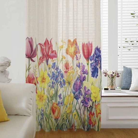 Colorful Tulip Semi Sheer Curtains Drapes for Living Room,Bedroom,French Doors Window 84 Inches Long,Spring Floral Watercolor Botanical Rustic Rod Pocket Chiffon Curtain Drapery Voile Drape Panel