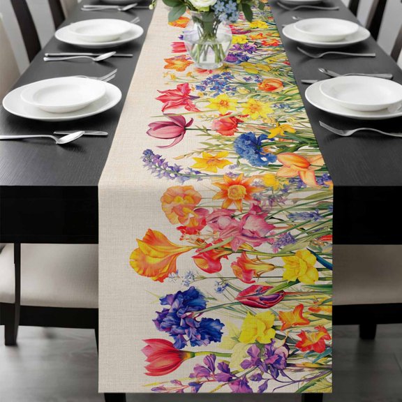 Colorful Tulip Table Runner 36 Inches Long, Spring Floral Watercolor Botanical Rustic Kitchen Coffee Dining Table Decoration for Home Party Birthday Wedding Home Decor 13x36 Inches