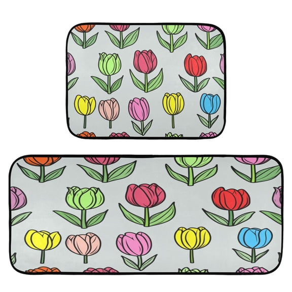 Colorful Tulips 2-Piece Kitchen Carpet Mat Set, Non-Slip Memory Foam, Soft for Kitchen and Living Room Use