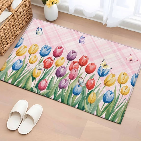 Colorful Tulips 2'x3' Rug for Entryway Front Door Kitchen Sink Area, Watercolors Flowers Butterfly Green Leaf Pink Grain Low Pile Non Slip Rectangle Area Rug, Machine Washable Indoor Outdoor Mat