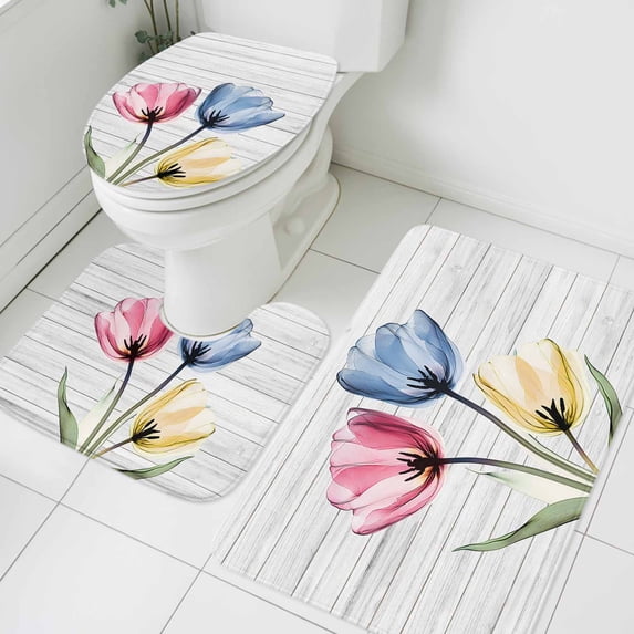 Colorful Tulips Bathroom Rugs Set Abstract Flowers Non Slip Absorbent Soft Bath Mats 3 Piece Set with Bathroom Rug, U-Shaped Floor Mat, Toilet Seat Cover Small Size
