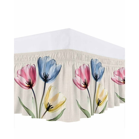 Colorful Tulips Bed Skirt King Size 16" Drop Abstract Flowers Vintage Linen Ruffled Wrap Around Bed Skirts Adjustable Elastic Bedskirt Dust Ruffle for King Size Bed