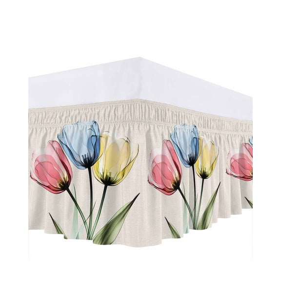 Colorful Tulips Bed Skirt King Size 18&nbsp;Inch Drop, Abstract Flowers Vintage Wrap Around Dust Ruffle Bedskirts, Wrinkle & Fade Resistant Easy Fit Bedskirt with Adjustable Elastic