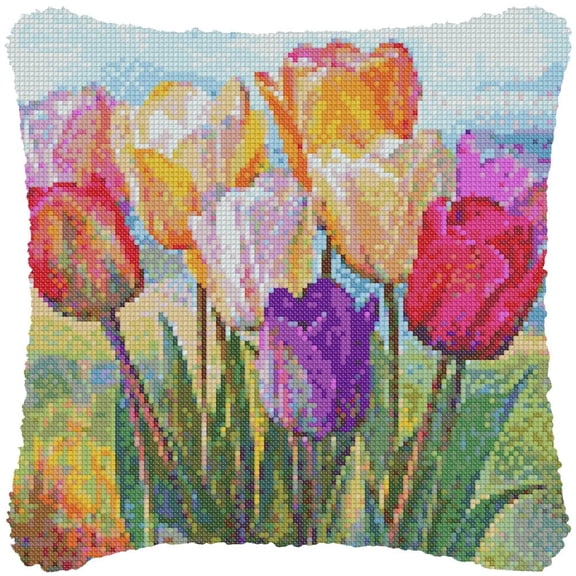 Colorful Tulips Cross-Stitch Pillow DIY Kit Fully Openable Zipper Design Pillowcase 11CT Counted Needlepoint Handmade Cushion Pre-Printed Pattern Eco-friendly Cotton and Linen 45x45cm
