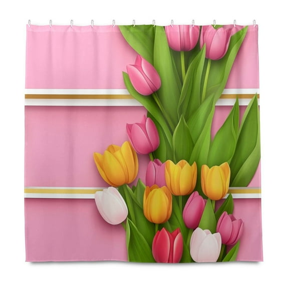 Colorful Tulips Design 72x72 Waterproof Shower Curtain Liners Durable Metal C-Hooks Fade-Proof Thermal Print Anti-Splash