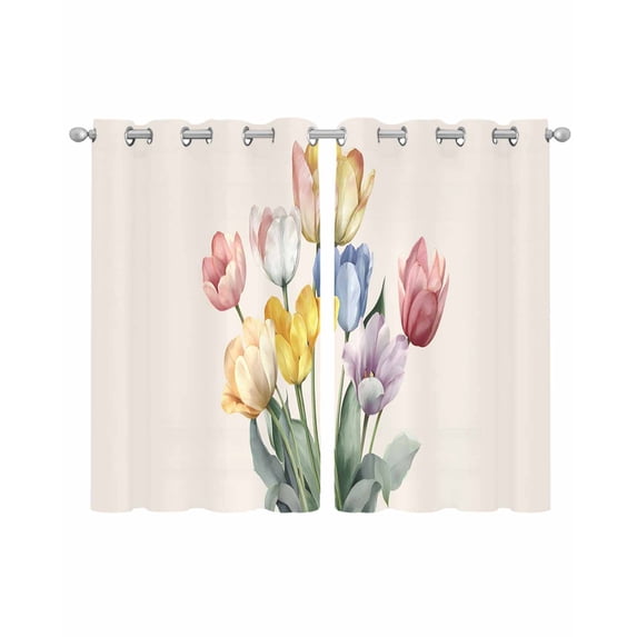 Colorful Tulips Floral Sheer Curtains 39 Inch Length 2 Panels Set for Living Room/Bedroom, Modern Art Watercolor Pastoral Kitchen Curtains Grommet Semi-Sheer Curtains Window Treatments 27.5"x39"x2