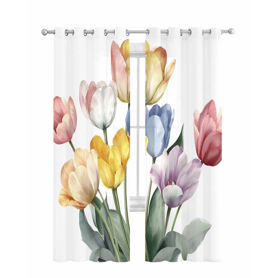 Colorful Tulips Floral Sheer Curtains 63 Inch Length 2 Panels Set for Living Room/Bedroom, Modern Art Watercolor Farmhouse Kitchen Curtains Grommet Semi-Sheer Curtains Window Treatments 42"x63"x2