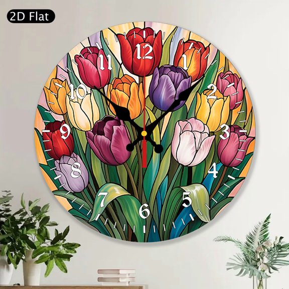 Colorful Tulips Flower Stained Glass Style Round Wall Clock Home Decor Tulips Lovers Gift Art