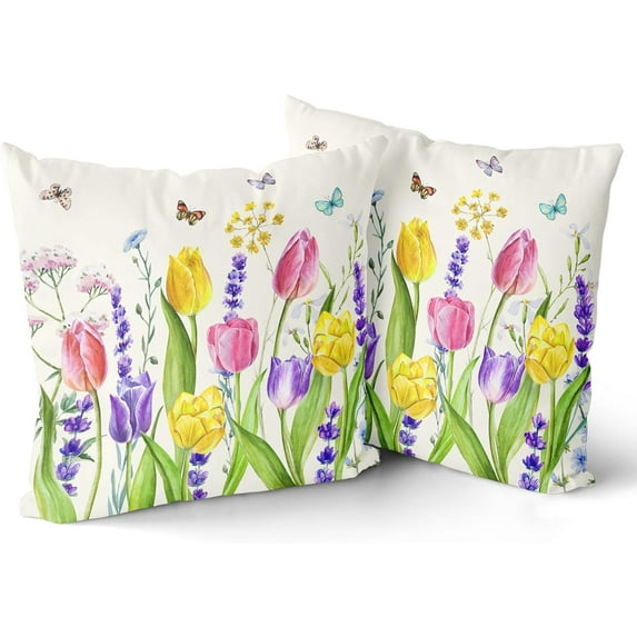 Colorful Tulips Flowers Pillow Covers 16x16 Inch Set of 2,Watercolor Floral Throw Pillow Case Spring Summer Decorative Couch Cushion Cover for Living Room Farmhouse Home Decor