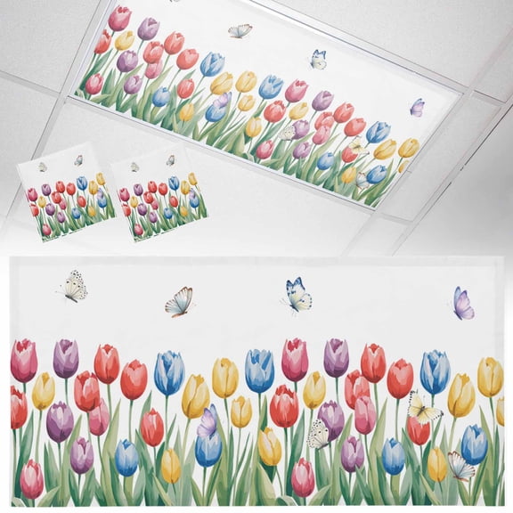 Colorful Tulips Fluorescent Light Covers Watercolors Flowers Butterfly Green Leaf Magnetic Light Filters Ceiling Lighting Panel Shade for Classroom Office Home 2 x 4 ft, 2 Pack