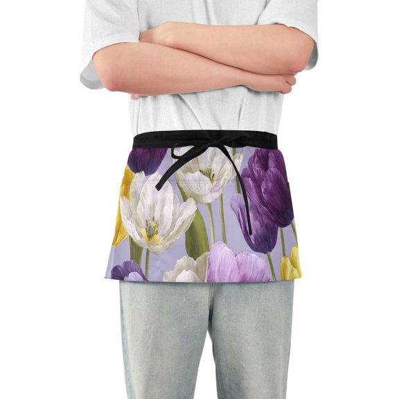 Colorful Tulips Full Bloom Short Server Apron with 3 Pockets for Unisex Chef Gardening