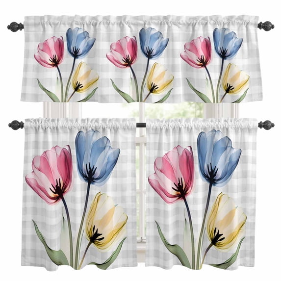 Colorful Tulips Kitchen Curtains Valances and Tiers Set of 3 Abstract Flowers Tier Curtains and Valance with Rod Pocket for Small Windows, 27.5"x36"