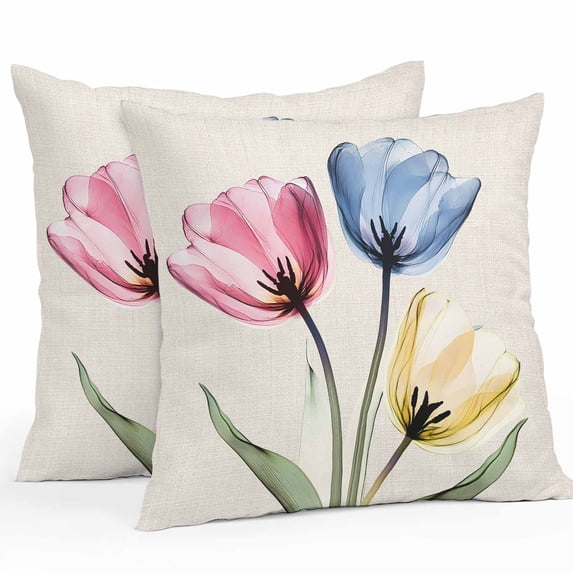 Colorful Tulips Outdoor Pillow Covers Pack of 2 Abstract Flowers Vintage Linen Waterproof Throw Pillow Covers Decorative Cushion Cases for Patio Garden Tent Balcony Couch 18x18 inch