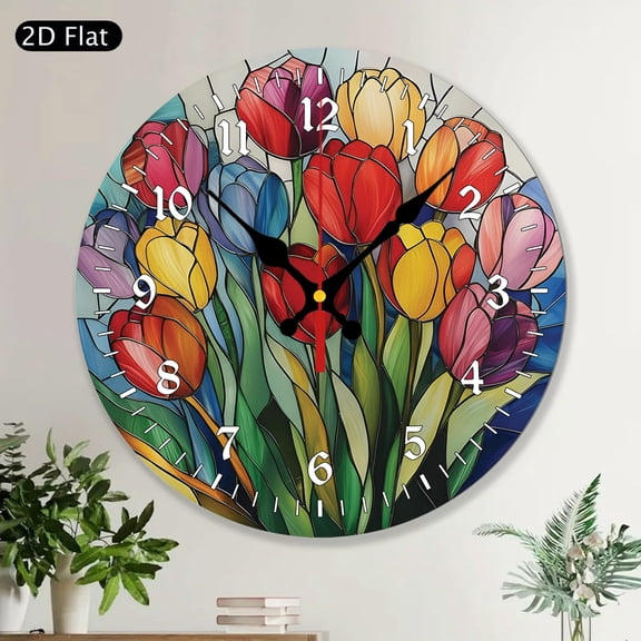 Colorful Tulips Painted Stained Glass Style MDF Round Wall Clock, Unique Botanical Flowers Art Home Wall Decor Gift