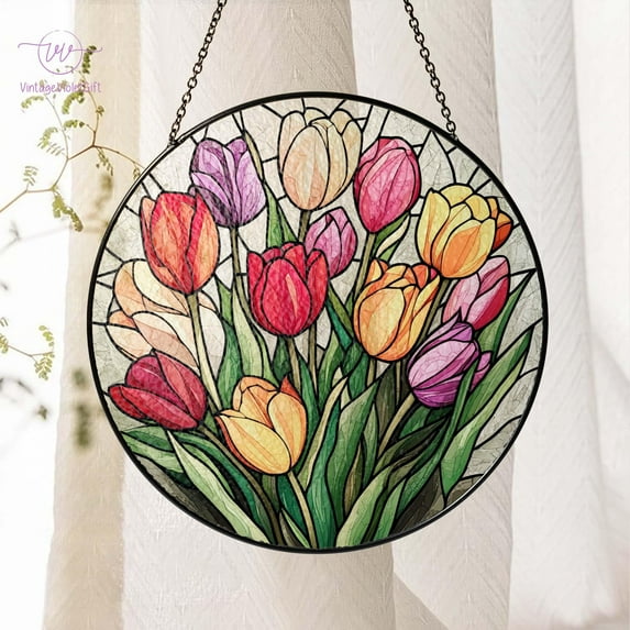 Colorful Tulips Painted Stained Glass Suncatcher, Teacher Garden Window Hanging Decor, Outdoor Sun Catcher, Flowers Decor, Botanical Art 1904880161 7365