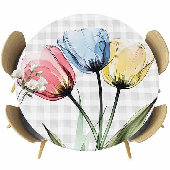 Colorful Tulips Round Tablecloth 36-44 Inch Round Fitted Table Cloth with Elastic Edge, Abstract Grey Checkered Green Leaf Waterproof Table Cover Protector for Outdoor Picnic Party Dining
