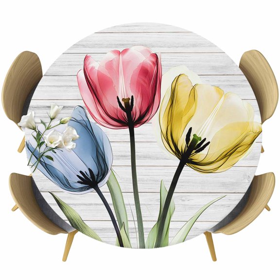 Colorful Tulips Round Tablecloth 36-44 Inch Round Fitted Table Cloth with Elastic Edge, Country Farm Field Grey Wooden Stripes Waterproof Table Cover Protector for Outdoor Picnic Party Dining