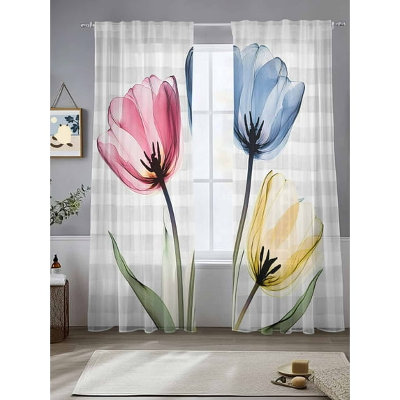 Colorful Tulips Sheer Curtains 108 Inches Long 2 Panels Abstract Flowers Light Filtering Semi Sheer Window Curtains Drapes for Bedroom Living Room 52"x108"