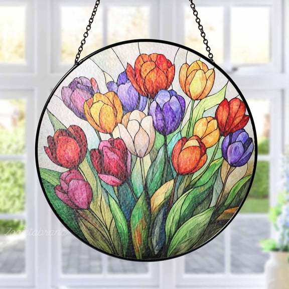 Colorful Tulips Stained Glass Suncatcher, Tulips Window Hanging Decor, Tulips Lovers Gift, Colorful Tulips Flowers Decor, Botanical Art