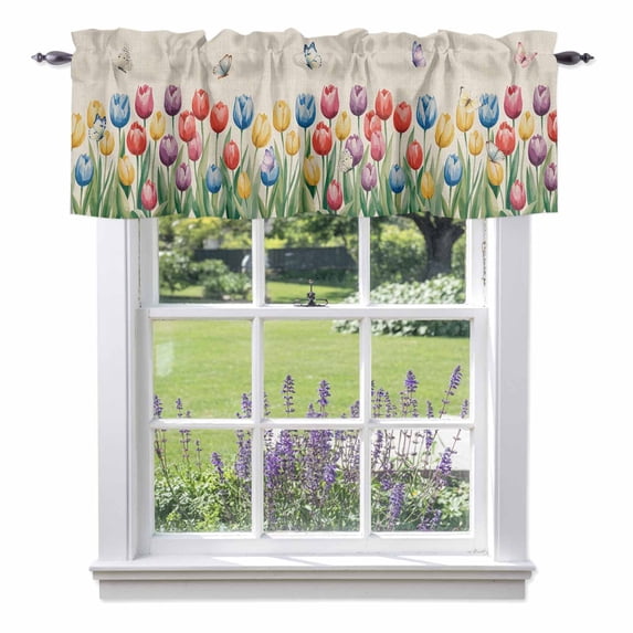 Colorful Tulips Valance Curtain for Windows Watercolors Flowers Butterfly Green Leaf Linen Texture Rod Pocket Curtain Valances Short Window Treatments for Kitchen Bathroom Laundry 60 x 18 Inch