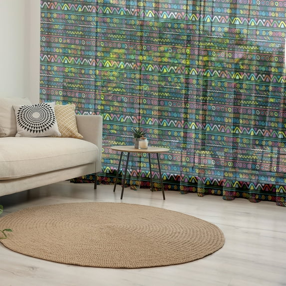 Colorful Tulle Curtains with Rod Pocket, Hand Drawn Illustration in Style Geometrical Borders Art Design, Sheer Drape for Wedding Party 2 Panels, 7 Sizes, Multicolor, by Ambesonne