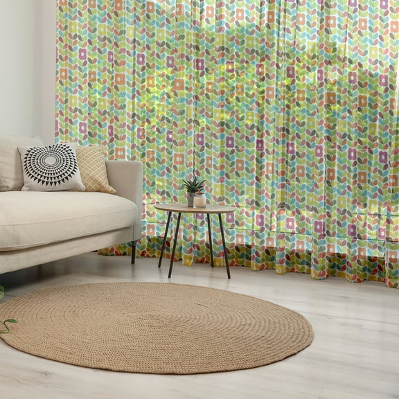 Colorful Tulle Curtains with Rod Pocket, Scandinavian Leaves and Flowers Pattern with Rainbow Colors Classic Floral Design, Sheer Drape for Wedding Party 2 Panels, 7 Sizes, Multicolor, by Ambesonne