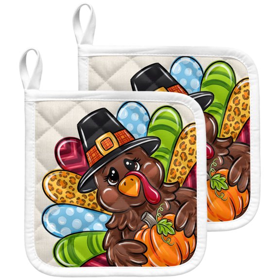 Colorful Turkey Fall Pot Holders for Kitchen Heatproof Potholder, 2 Pack Thanksgiving Pumpkins Animals Rustic Hot Pads Multipurpose Oven Pads Terry Cloth Potholders Trivet for Cooking and Baking