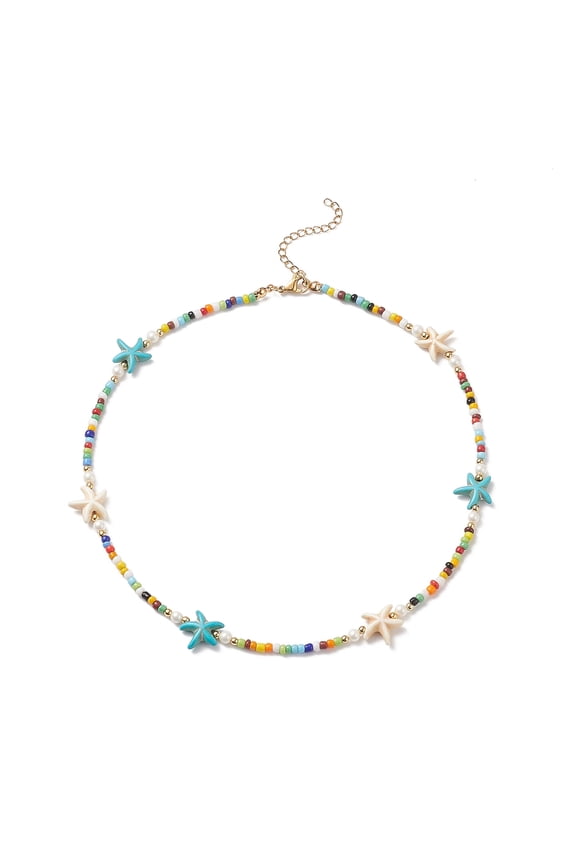 Colorful Turquoise Starfish Shell Pearl Glass Seed Beaded Necklace for Women Golden 17.32 inch(44cm) diy